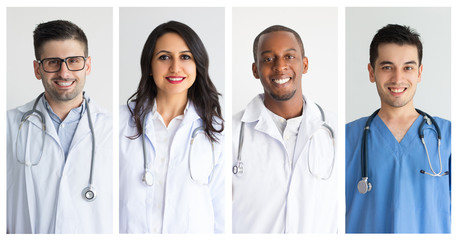 Happy friendly diverse clinic doctors isolated portrait set. Young men and women of different races in medical white coats shot collage. Medicine and healthcare concept