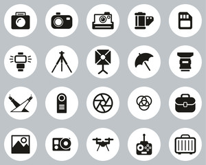 Wall Mural - Photography Equipment Icons Black & White Flat Design Circle Set Big