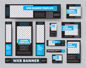Template of black web banners, with place for photo, with blue geometric elements, for presentation design.
