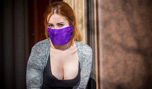 Young Woman In Fashionable Homemade Mask, Scarf On Her Face, Stop Virus, Save Yourself, Modern Lifestyle