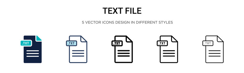 Text file icon in filled, thin line, outline and stroke style. Vector illustration of two colored and black text file vector icons designs can be used for mobile, ui, web