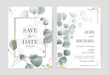 Watercolor Eucalyptus Wedding Invitation Card In Gold Frame With Gold Powder Beautiful White Card Background. Set Card Template.