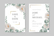 Watercolor white peony wedding invitation card in gold frame. Eucalyptus leaves. Beautiful design greeting card . Set card template.
