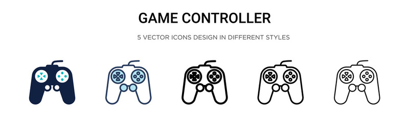 Game controller icon in filled, thin line, outline and stroke style. Vector illustration of two colored and black game controller vector icons designs can be used for mobile, ui, web