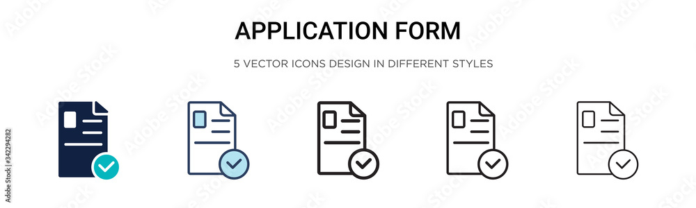 Application form icon in filled, thin line, outline and stroke style. Vector illustration of two colored and black application form vector icons designs can be used for mobile, ui, web - obrazy, fototapety, plakaty 