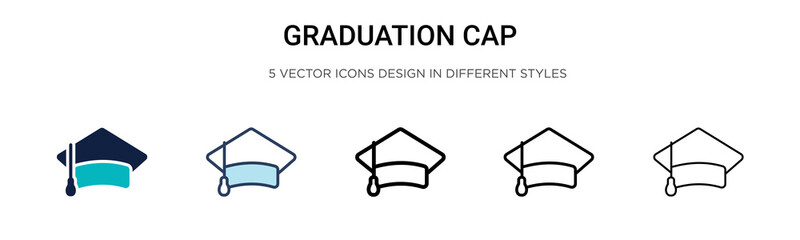 Graduation cap icon in filled, thin line, outline and stroke style. Vector illustration of two colored and black graduation cap vector icons designs can be used for mobile, ui, web