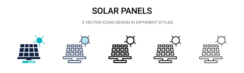 Solar panels icon in filled, thin line, outline and stroke style. Vector illustration of two colored and black solar panels vector icons designs can be used for mobile, ui, web