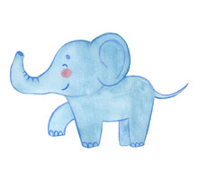 Cute Watercolor Illustration Of A Blue Elephant With A Raised Trunk, Isolated On A White Background Children Illustration, Kids Design. Suitable For Web Design, Textile, Card Design And Packaging.