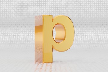 Yellow 3d letter P lowercase. Glossy yellow metallic letter on metal floor background. 3d rendered font character.