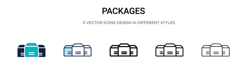 Packages icon in filled, thin line, outline and stroke style. Vector illustration of two colored and black packages vector icons designs can be used for mobile, ui, web