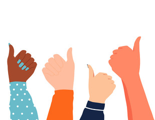 Diversity Thumbs. Hands of different skin color and diverse races people showing thumbs up. Diversity of hands people background Flat vector Design illustration. Cheering woman and man holding thumbs.