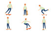 © greenpicstudio - Set of skateboard teenage boy in helmet skates and performs various complex tricks. Vector illustration in flat cartoon style