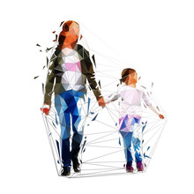 Mother With Child Walking Together, Low Poly Isolated Vector Illustration. Geometric People, Woman With Small Girl. Arm In Arm, Holding Hands