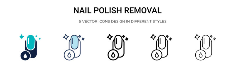 Nail polish removal icon in filled, thin line, outline and stroke style. Vector illustration of two colored and black nail polish removal vector icons designs can be used for mobile, ui, web