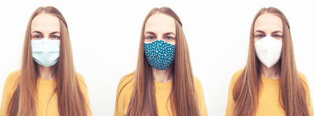 The young woman wearing three type of masks: handmade, medical and respirator