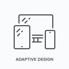 Adaptive design line icon. Vector outline illustration of computer, smartphone and tablet. Flexible mobile platform pictorgam