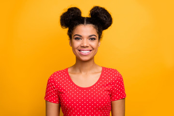 Wall Mural - Portrait of candid pretty nice girl enjoy spring free time holiday look smiling in camera wear bright clothes isolated over vivid color background