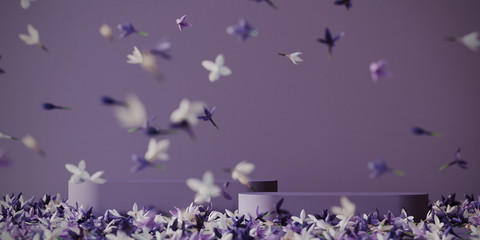 Wall Mural - Minimal background for branding and product presentation. Cosmetic bottle podium with falling purple flower on purple background. 3d rendering illustration.