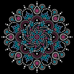 Wall Mural - Aboriginal bohemian dot painting mandala vector pattern, Australian dot art ornament in white, pink and blue on black
