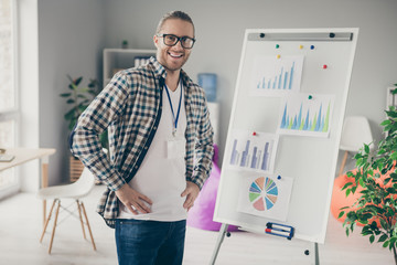 Sticker - Photo of business handsome guy lecturer toothy friendly smiling good mood ready to start seminar standing near whiteboard with stats wear casual outfit modern office indoors