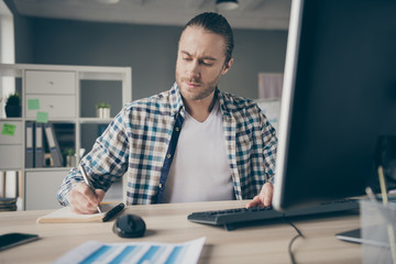 Sticker - Photo of business administrator guy computer monitor table writing notes watch online webinar preparing important career promotion meeting wear casual shirt sit modern office indoors