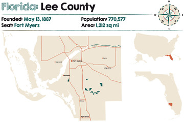  Large and detailed map of Lee county in Florida, USA.
