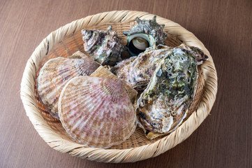 Poster -  scallop, oyster, truban shell,  in japanese bamboo basket