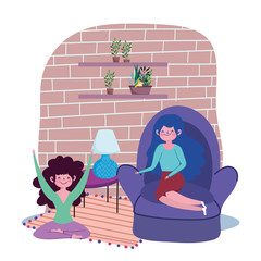 Sticker - woman in chair and girl yoga pose, quarantine stay at home