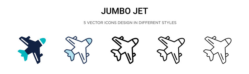 Jumbo jet icon in filled, thin line, outline and stroke style. Vector illustration of two colored and black jumbo jet vector icons designs can be used for mobile, ui, web