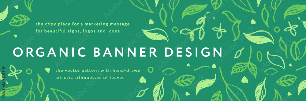 Vector herbal banner with drawings of herbs. Natural cosmetic label. Leaf silhouette for eco store, healthy food. Botanical background for bio pattern, herbal medicine with organic illustrations. - obrazy, fototapety, plakaty 