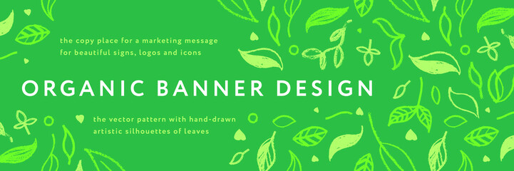 Environmental background. Natural hand-drawn organic food label, eco banner, healthy food concept, herbal seamless ornament, leaf pattern. Eco texture for green thinking — Spring. Modern agriculture.