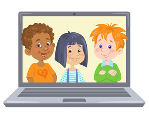 Wall Mural - Cute funny kids on laptop screen. Video chat online. Internet communication during quarantine. In cartoon style. Vector illustration