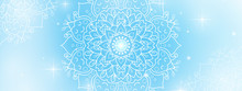 Circular Flower Mandala With Soft Blue Sky Background, Vector Mandala Oriental Pattern, Hand Drawn Decorative Element. Unique Design With Petal Flower. Concept Relax And Meditation Use For Page Logo 