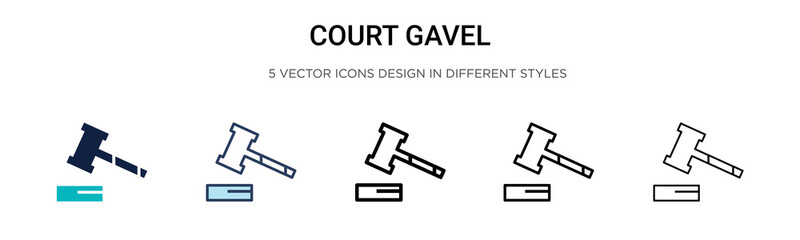 Court gavel icon in filled, thin line, outline and stroke style. Vector illustration of two colored and black court gavel vector icons designs can be used for mobile, ui, web