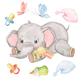 Fototapeta Pokój dzieciecy - Baby elephant watercolor illustration, nipples, bottle, butterflies