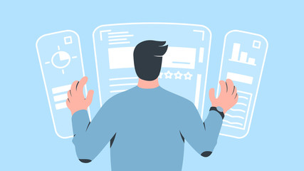 Vector concept illustration of a character operating augmented reality computer interface with his hands. It represents a concept of augmented reality, modern interface, technology development