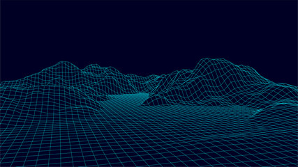 Poster - Abstract digital polygonal wireframe landscape. Vector mesh illustration on dark background.