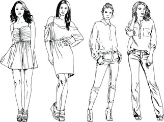 beautiful slim girl in casual clothes, drawn in ink by hand on a white background