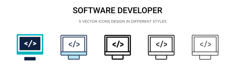 Software developer icon in filled, thin line, outline and stroke style. Vector illustration of two colored and black software developer vector icons designs can be used for mobile, ui, web