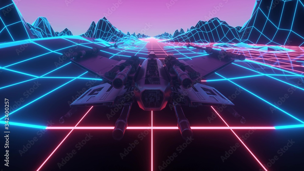 Futuristic spaceship flying through space. Retro futuristic 80's style spacecraft. 3d rendering - obrazy, fototapety, plakaty 