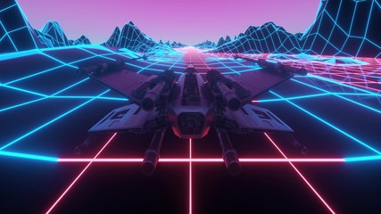 Futuristic spaceship flying through space. Retro futuristic 80's style spacecraft. 3d rendering