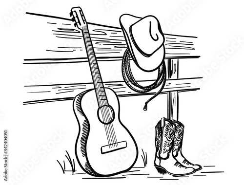 Dekoracja na wymiar  kowbojska-muzyka-country-z-kowbojskimi-butami-i-kapeluszem-western-wektor-kraj-z-gitara-akustyczna