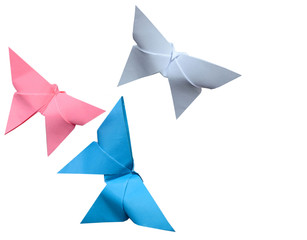 three pink, white and blue paper butterflies