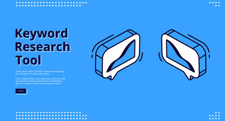 Wall Mural - keyword research tool isometric landing page, growing charts in speech bubbles on blue background. s