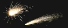 Realistic Sparks Of Weld Metal Blade, Firework Petard Flare, Comet Trail. Bright Glowing Sparkling Light Of Electric Circular Saw, Flying Asteroid Isolated On Black Background, 3d Vector Clip Art