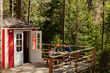 © Comeback Images - From distance shot of family of three having breakfast sitting at wooden table on country house terrace. Father, mother and daughter talking over pie and tea surrounded by trees