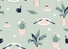 Vector Seamless Kitchen Pattern With Dishes, Cups, A Vase With A Plant And A Cactus On A Light Green Background