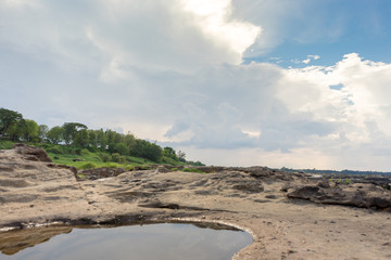 Thailand grand canyon (sam phan bok) at Ubon Ratchathani, Thailand. Beautiful landscape of holes and rock mountain with river.