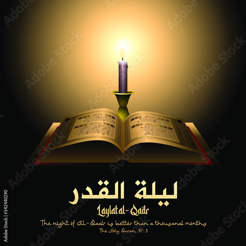 Laylat al-Qadr Night of Measures or Destiny square image. Candle and open Quran, surahs At-Tin 95, Al-Alaq 96, Al-Qadr 97, Al-Bayyinah 98. Night of Power or Decree. Arabic text translation Laylat al-Qadr 