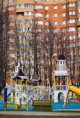 the playground is covered with a signal tape epidemic coronovirus COVID19. all small children are quarantined at home